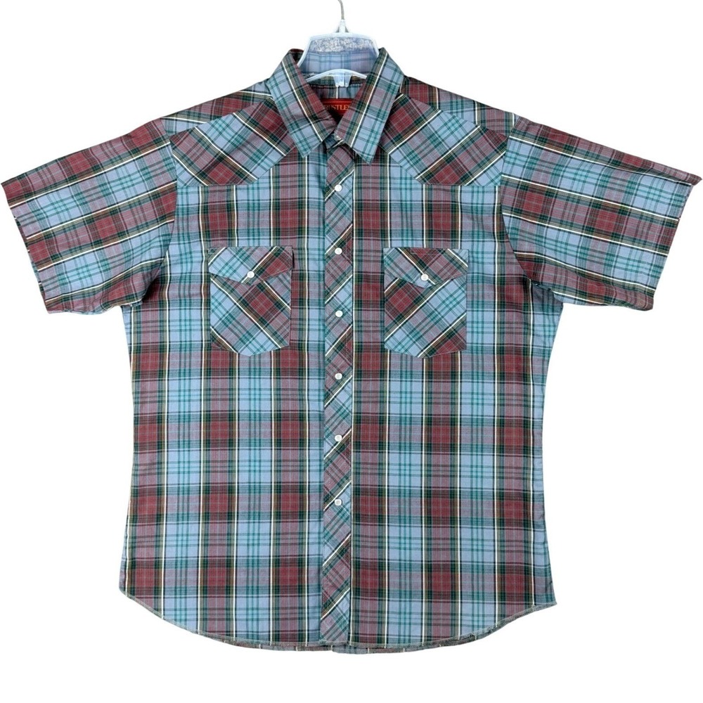 Rustler X-Long Tails Mens L Blue Red Plaid Western Pearl Snap Short Sleeve Shirt
